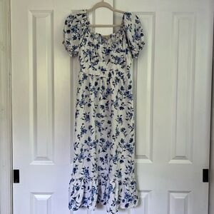 Indigo Dress Short Puff‎ Sleeves Floral Print Blue & White Cottagecore Size S